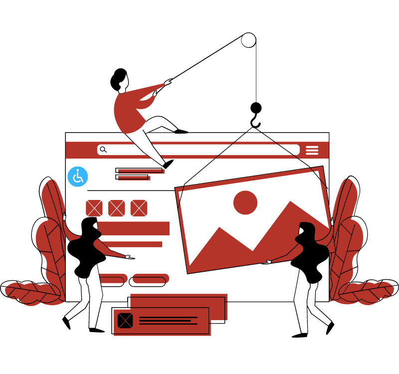 Das Bild zeigt eine barrierefreie Webseite, an der viele Menschen Hand in Hand arbeiten.