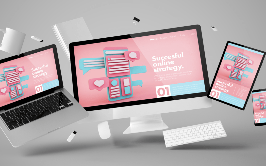 Drei verschiedene digitale Endgeräte zeigen eine ansprechende Webseite mit dem Titel "Succesful online strategy" auf pinkem Hintergrund. Die Geräte sind ein Desktop, ein Laptop und ein Tablet.
