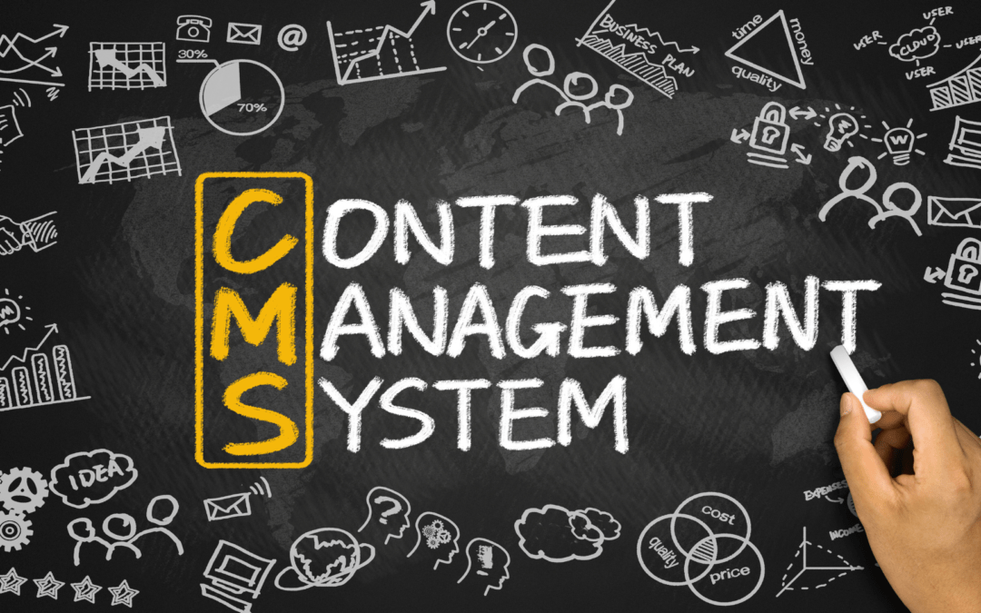 Das Bild zeigt die Schreibung von 'CMS' und 'CONTENT MANAGEMENT SYSTEM' auf einer Tafel, umgeben von Grafiken und Symbolen, die digitale Strategien darstellen.