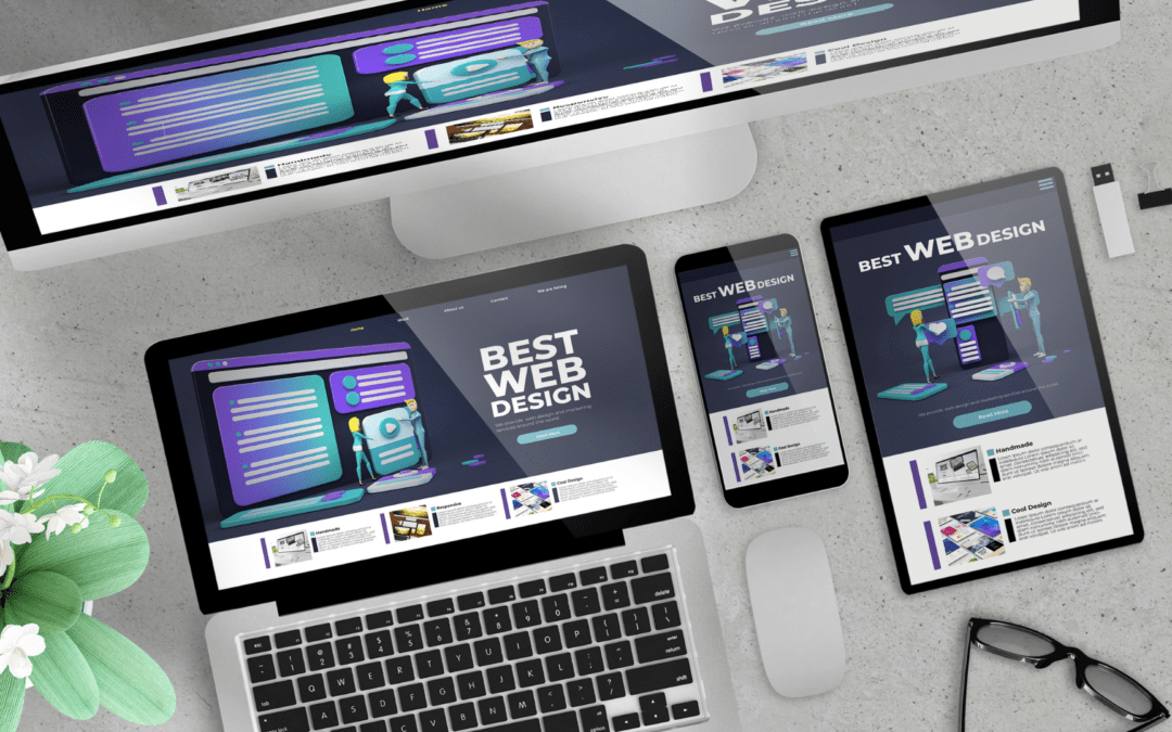 Mehrere Geräte zeigen eine kreative Website mit dem Titel 'BEST WEB DESIGN'; die Bildschirme verdeutlichen modernes Webdesign mit klaren Strukturen und lebhaften Farben.