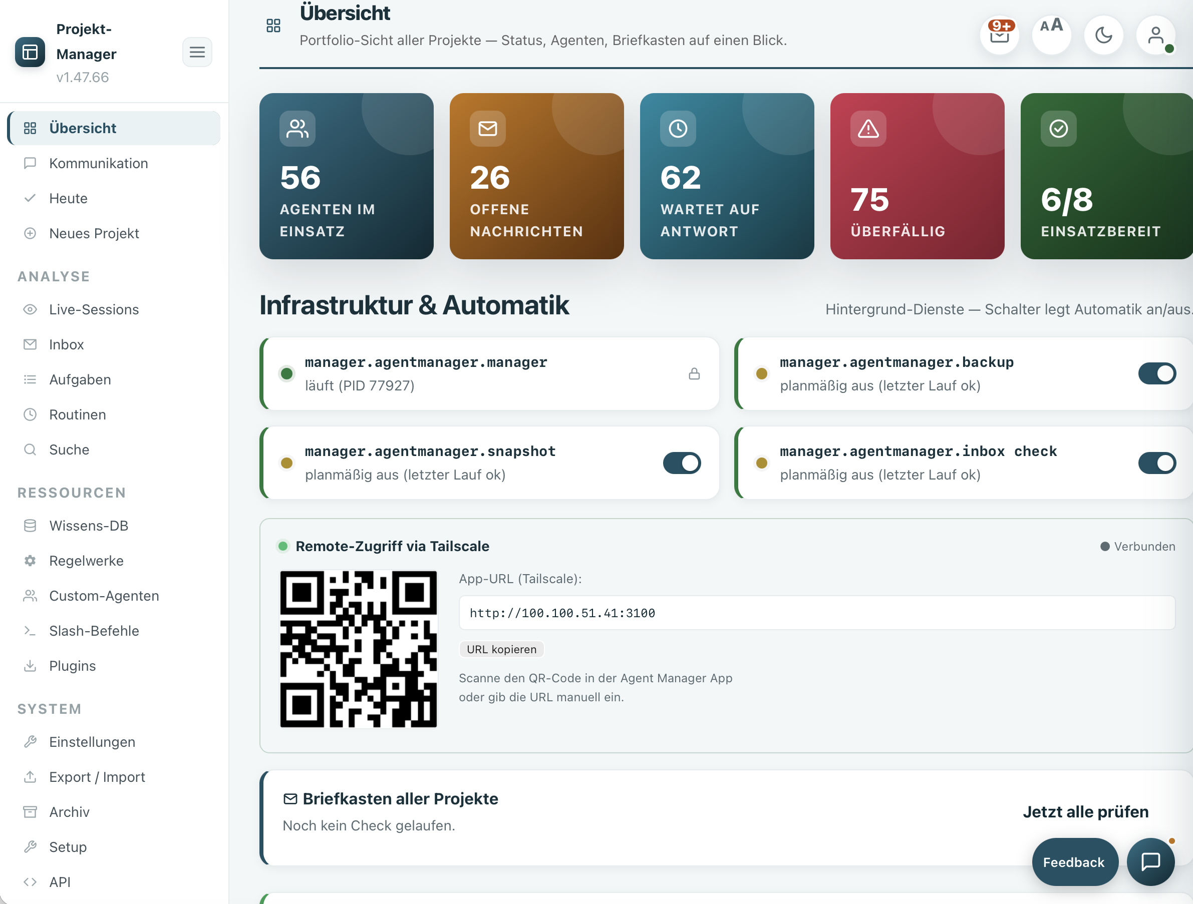 Cockpit des Agent Managers: Status der Agenten, Infrastruktur-Dienste, Tailscale-Zugang und globaler Briefkasten auf einen Blick.