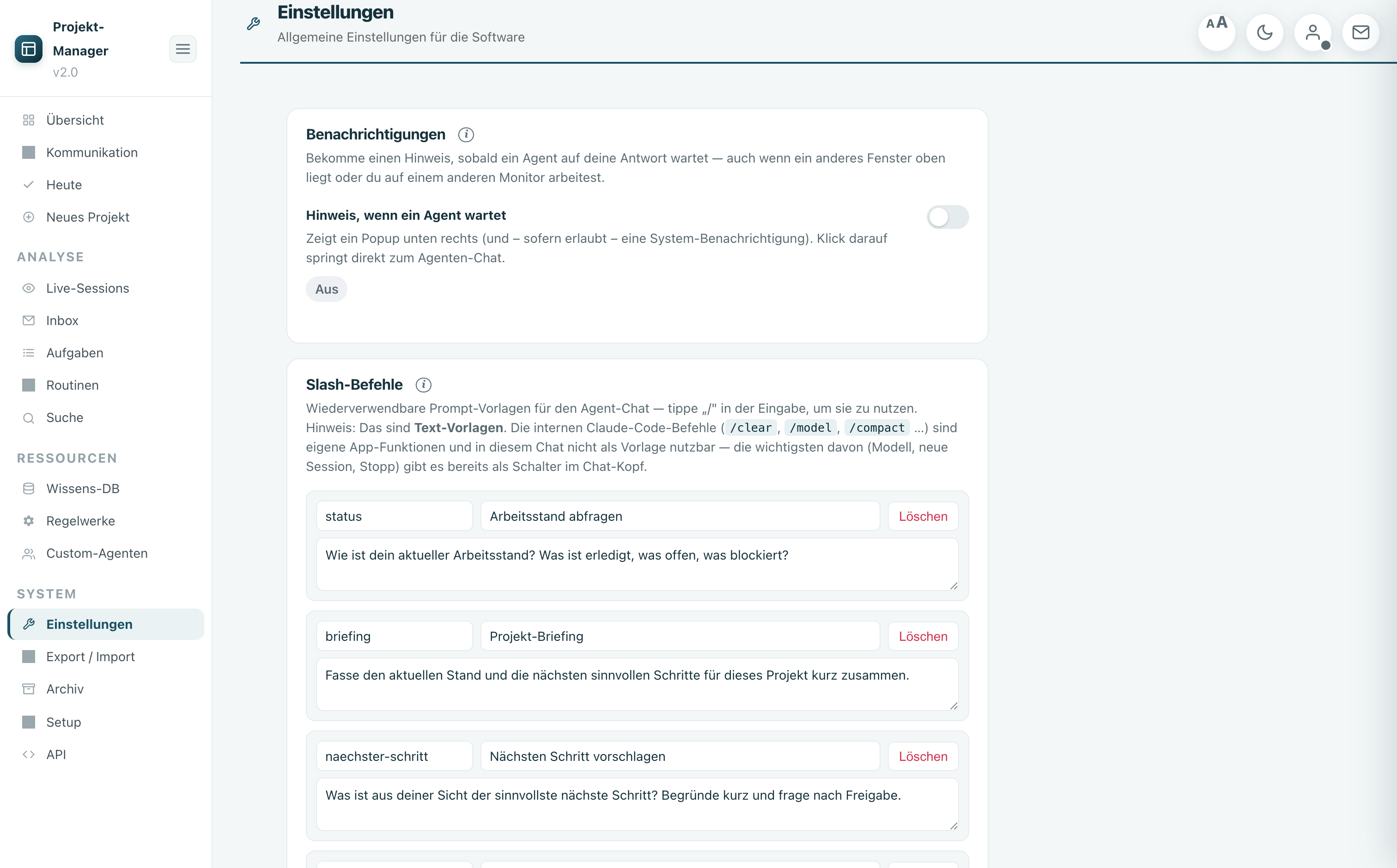 Agent Manager Einstellungen