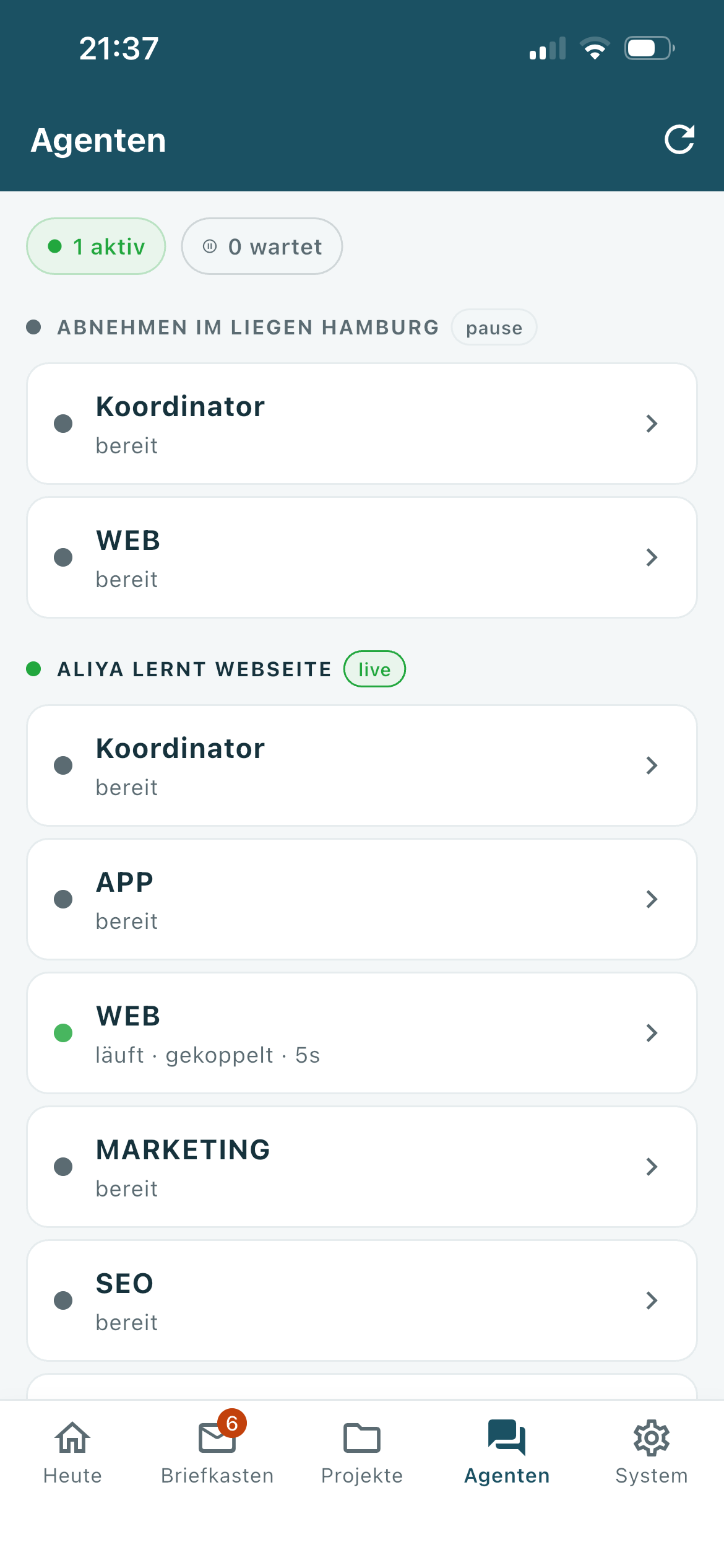 Agenten-Status pro Projekt