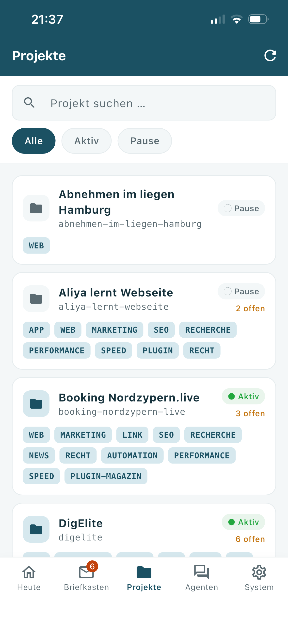 Projekte-Übersicht in Agent Manager Remote