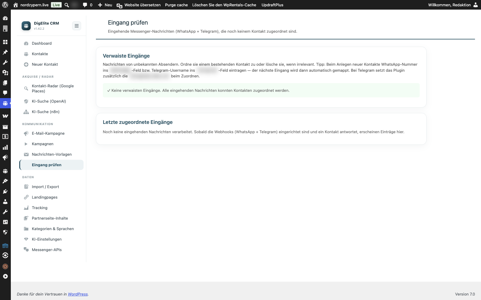 Eingang-prüfen-Seite im WordPress-Backend: verwaiste WhatsApp- und Telegram-Nachrichten, manuelles Kontakt-Mapping.