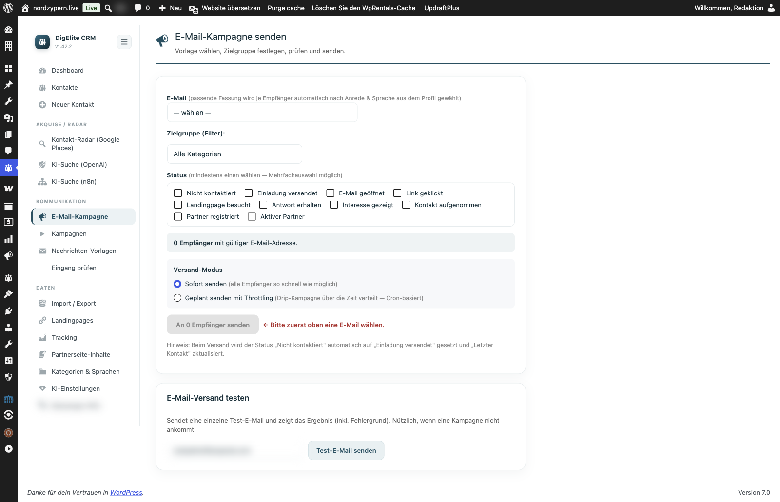 E-Mail-Kampagne im WordPress-Backend: Empfänger-Filter, Versand-Modus, Throttle-Konfiguration.