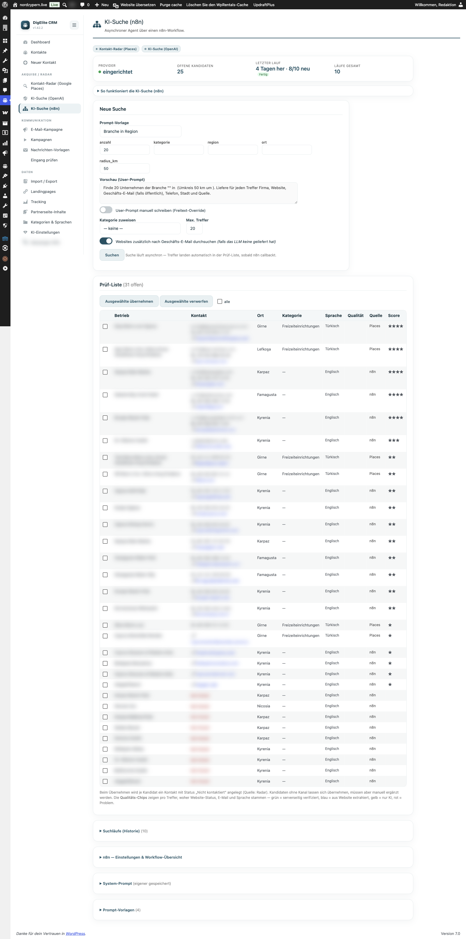 KI-Suche (n8n) im WordPress-Backend: Webhook-Konfiguration für n8n-Workflows.