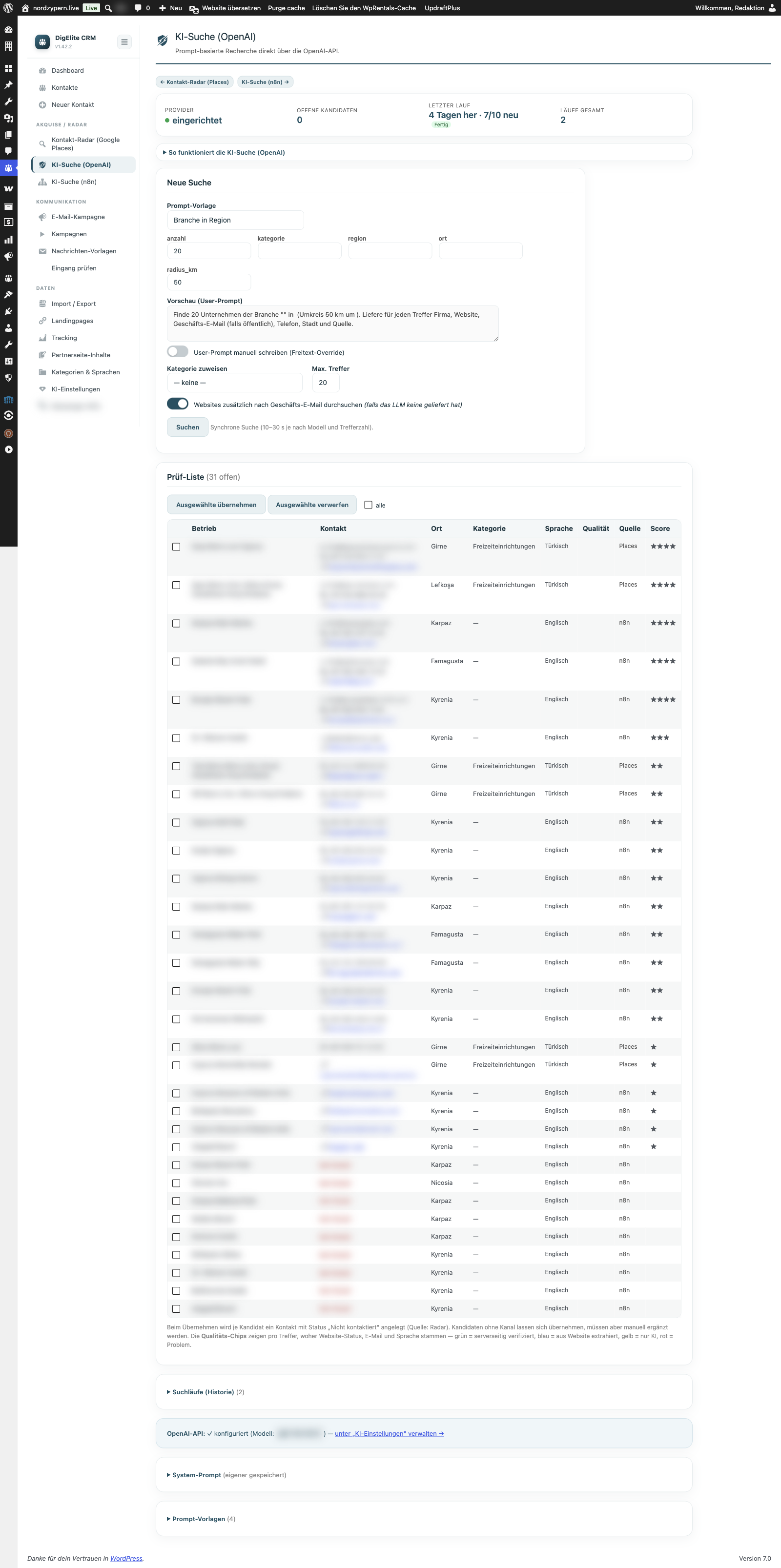 KI-Suche (OpenAI) im WordPress-Backend: Prompt-Liste, Such-Formular, OpenAI-API-Status.