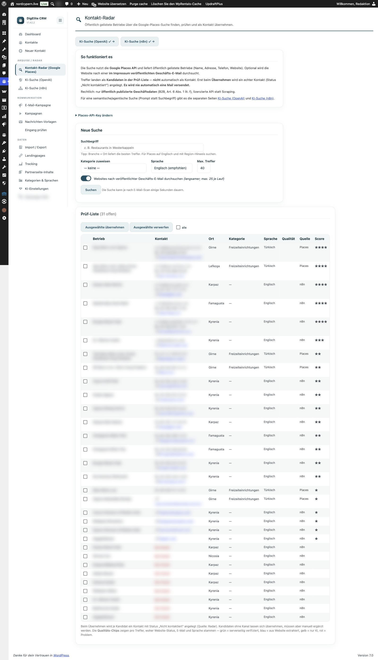 Kontakt-Radar im WordPress-Backend: Branche und Region eingeben, Google Places API liefert Kandidatenliste.