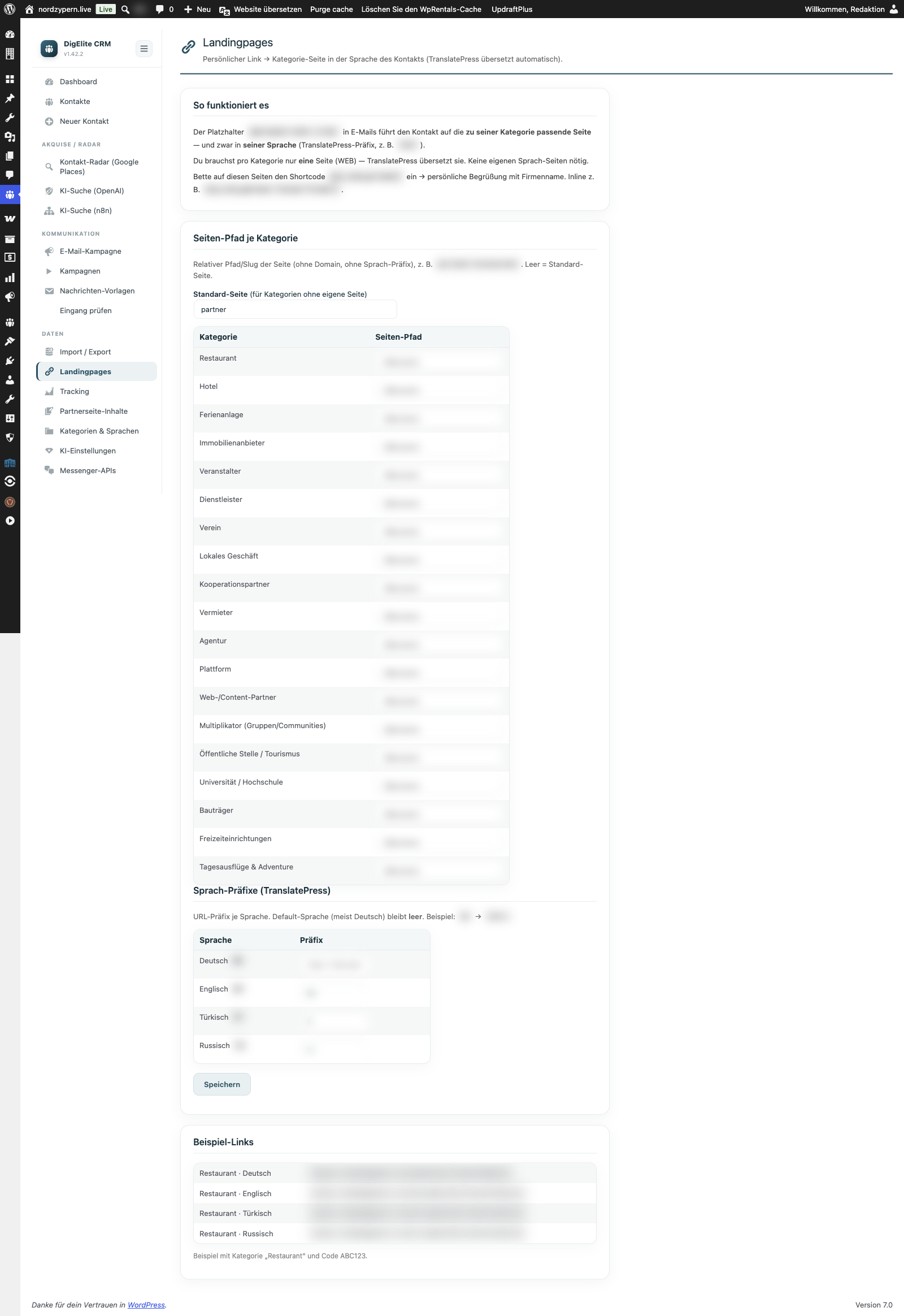 Landingpages-Übersicht im WordPress-Backend: persönliche Tracking-Links pro Kontakt mit Klick- und Visit-Zählern.