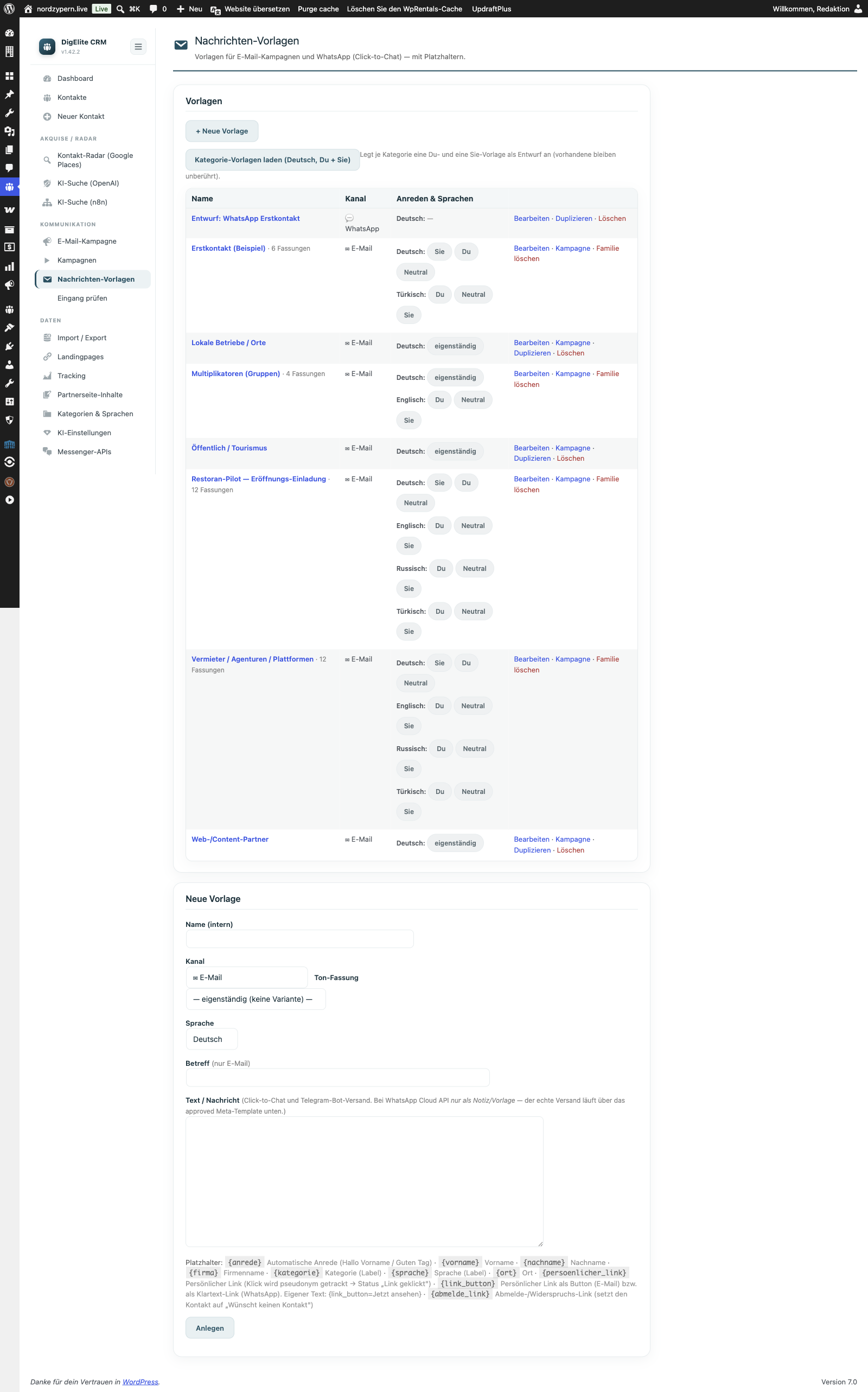 DigElite CRM — Vorlagen-Editor im WordPress-Backend mit Anrede-Matrix für DE/EN/TR/RU.