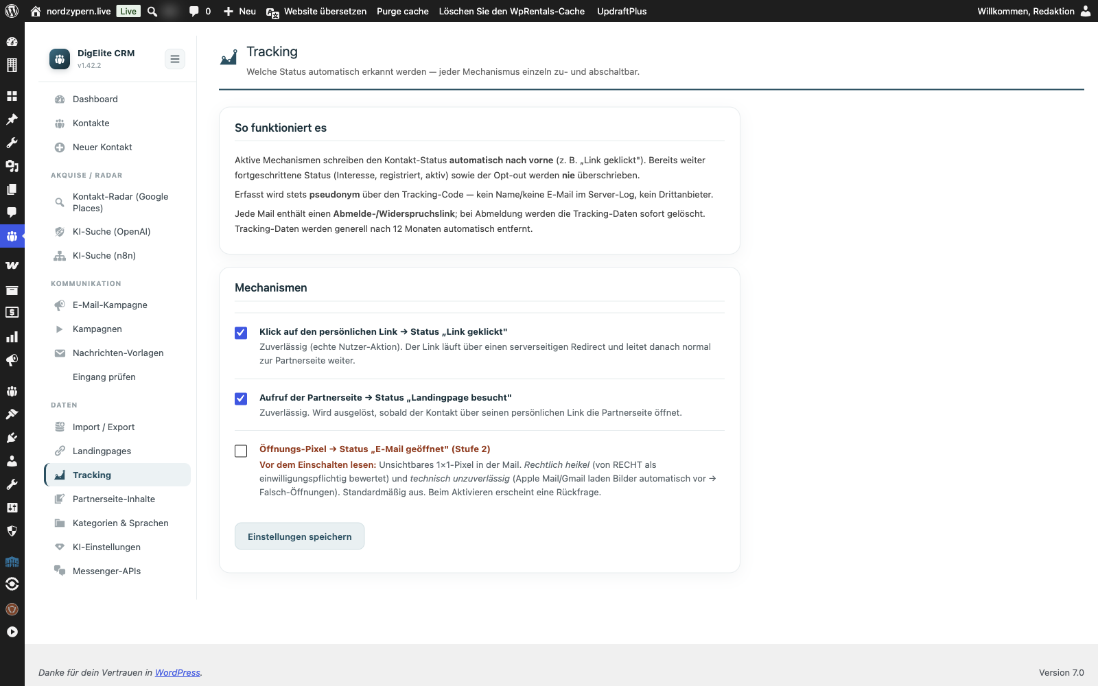 Tracking-Übersicht im WordPress-Backend: pseudonyme Tracking-Codes, Opt-out-Links, Klick-Logs.